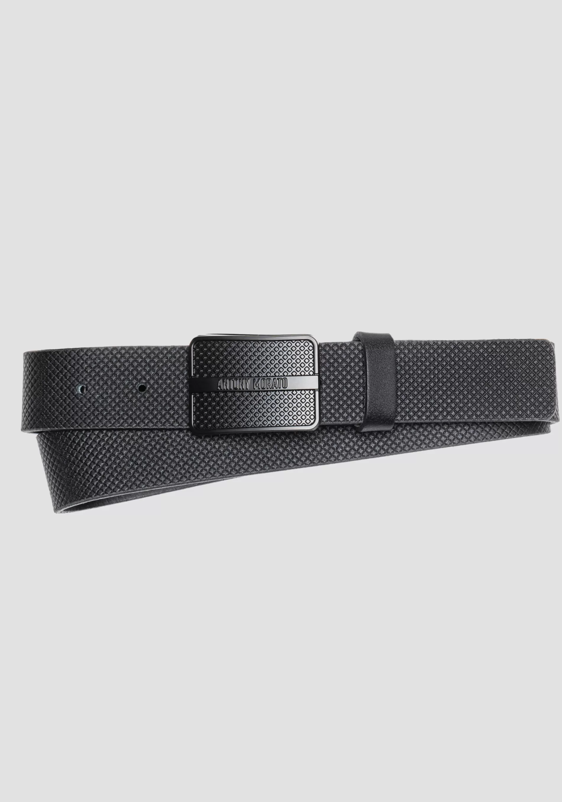 Online BELT IN LEATHER WITH GEOMETRIC PATTERN AND LOGO TAB Belts