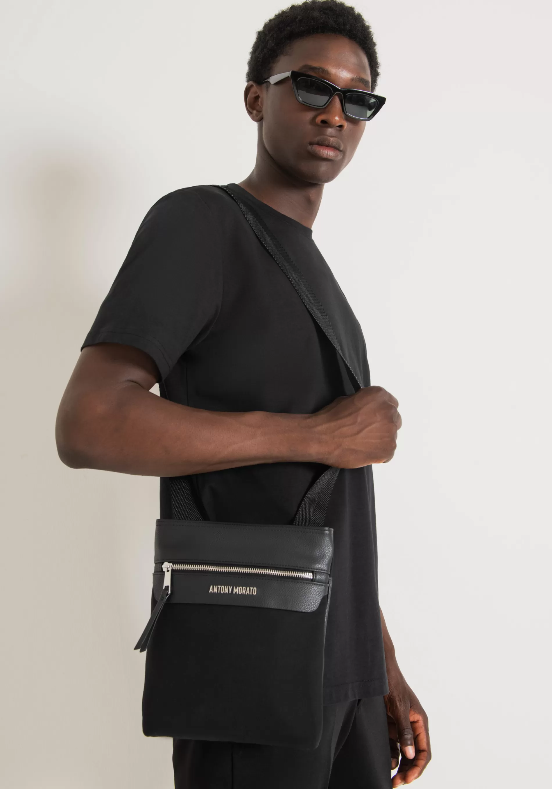 Fashion MESSENGER BAG IN POPLIN AND FAUX LEATHER Handbags