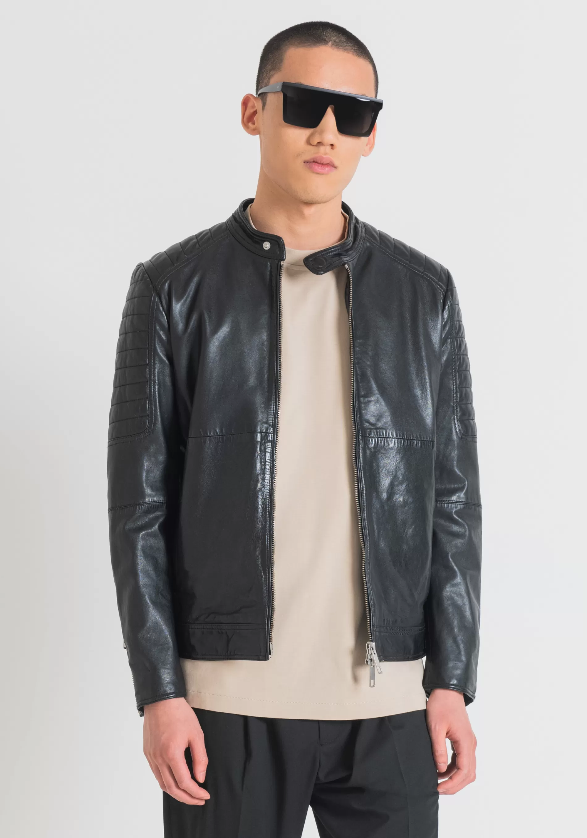 New SLIM FIT BIKER JACKET IN GENUINE LEATHER WITH KOREAN COLLAR Leather Coats | Field Jackets and Coats
