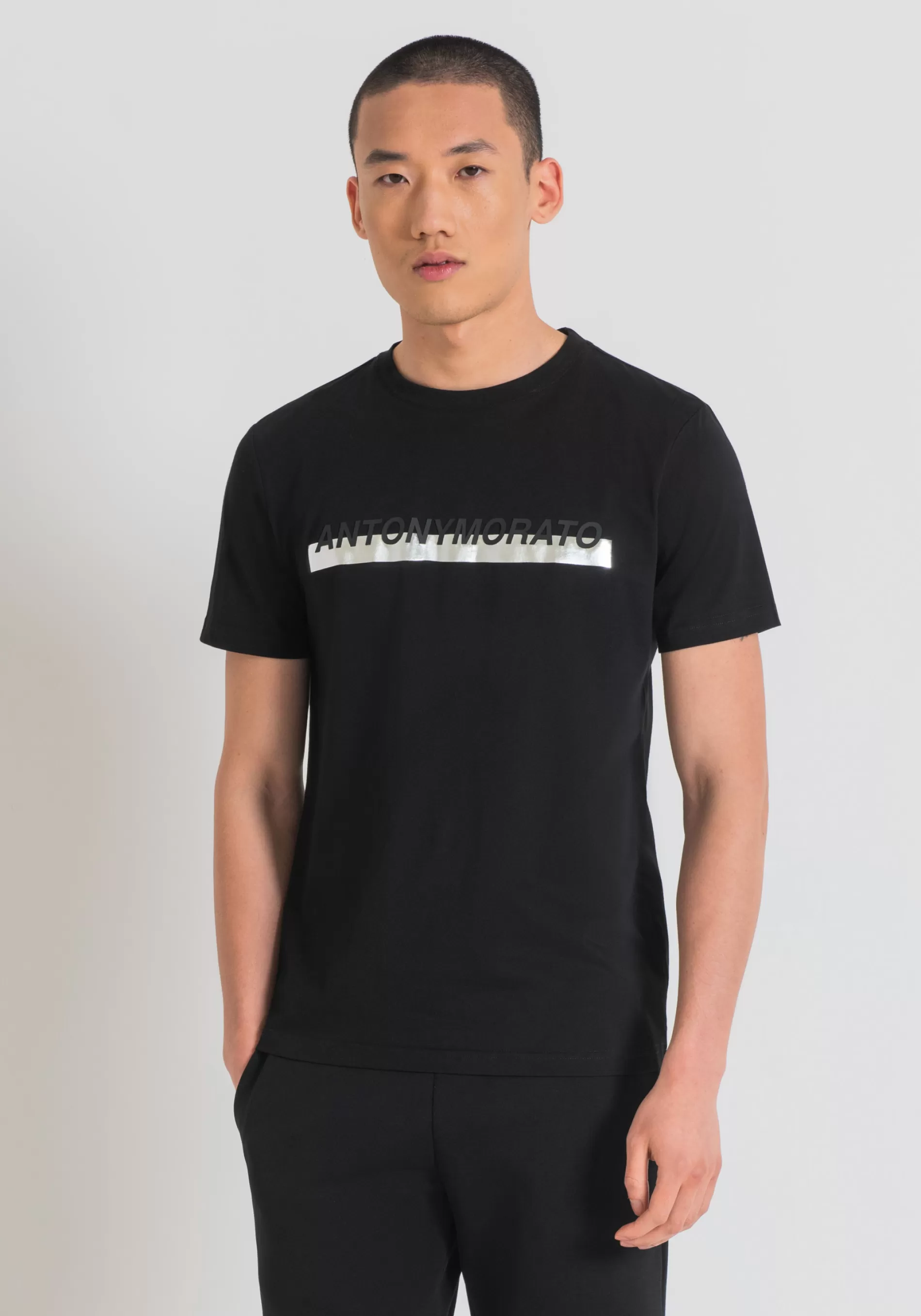 New SLIM FIT T-SHIRT IN COTTON WITH RUBBER-EFFECT LOGO PRINT T-shirts and Polo